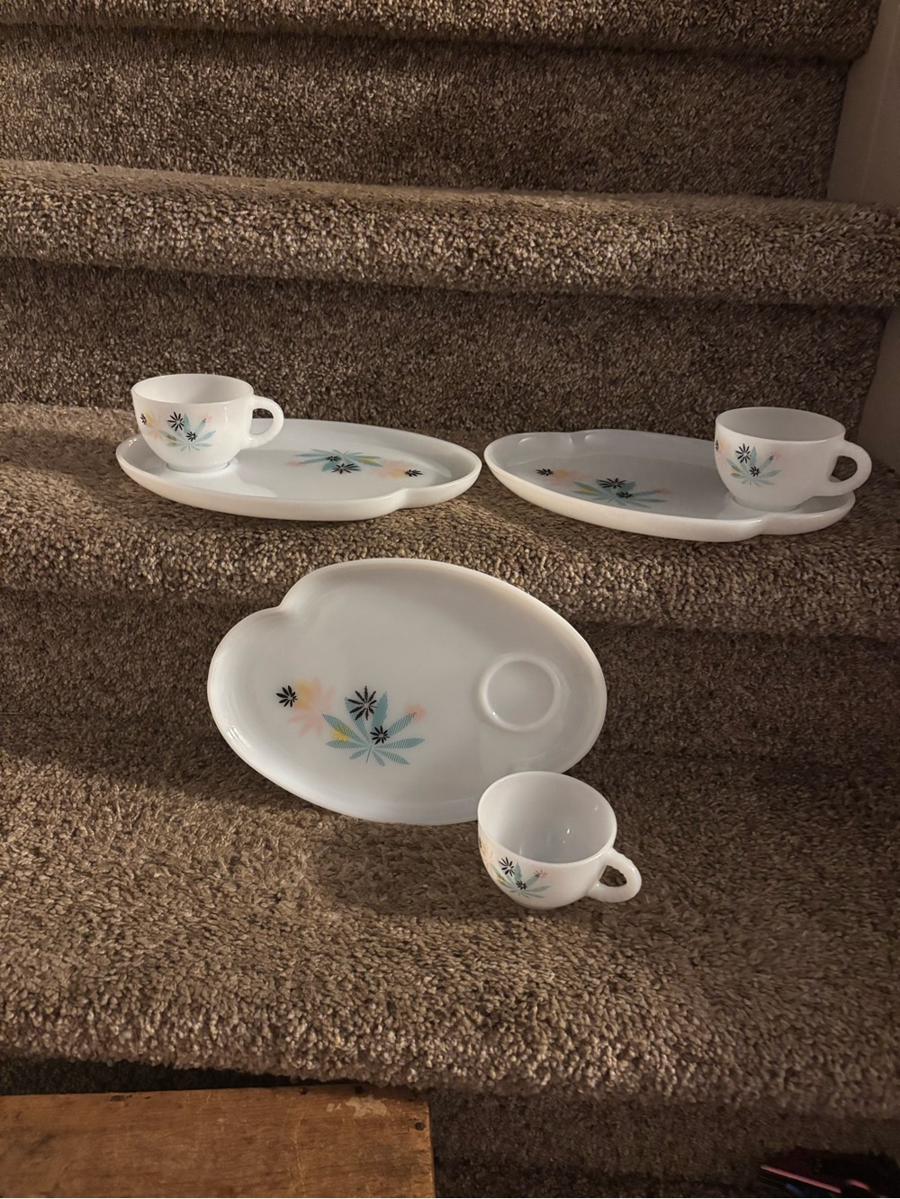 White Floral Oval Snack Plates with Cups - Set of 3